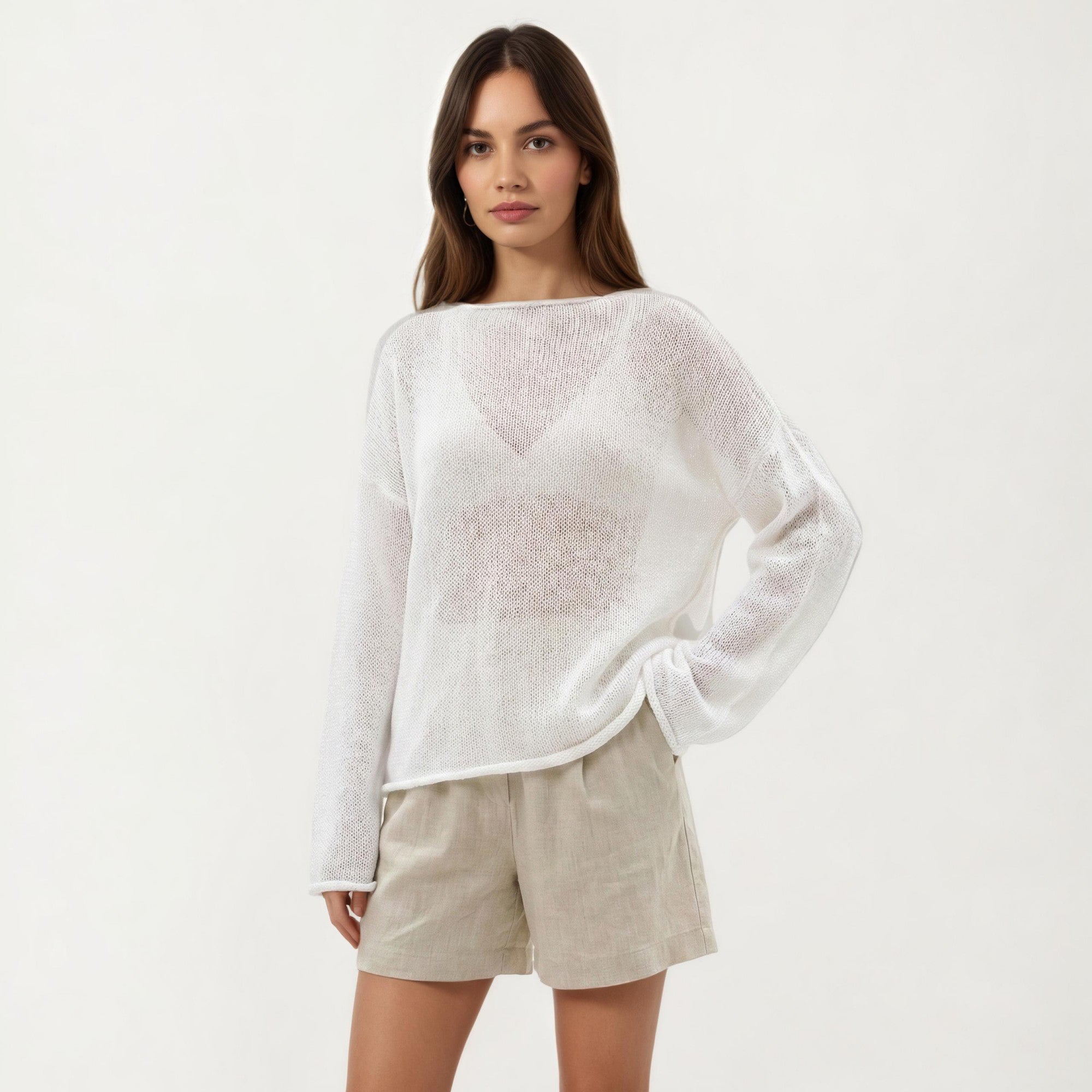 Anna-Kaci Women's Lightweight Open Knit Long Sleeve Sweater Top with Relaxed Fit and Subtle Sheer Texture