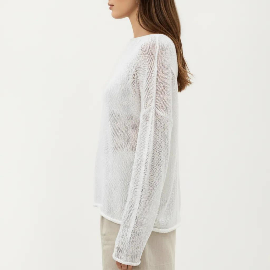 Anna-Kaci Women's Lightweight Open Knit Long Sleeve Sweater Top with Relaxed Fit and Subtle Sheer Texture