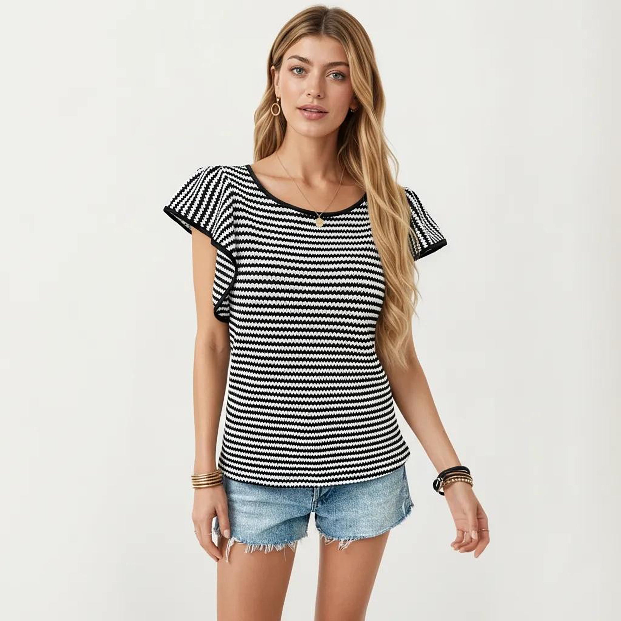 Anna-Kaci Women's Striped Short Sleeve Knit Top with Ruffle Sleeve Detail