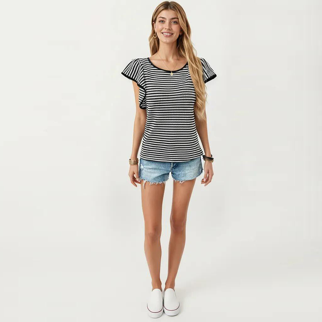 Anna-Kaci Women's Striped Short Sleeve Knit Top with Ruffle Sleeve Detail