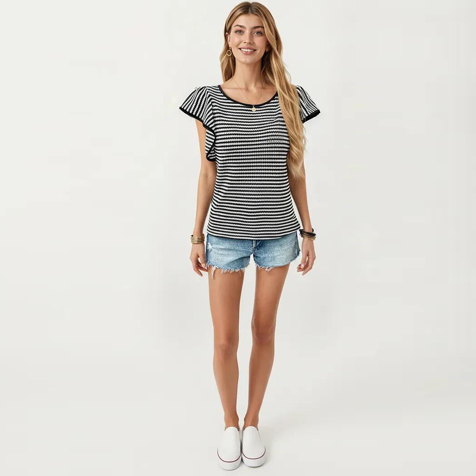 Anna-Kaci Women's Striped Short Sleeve Knit Top with Ruffle Sleeve Detail
