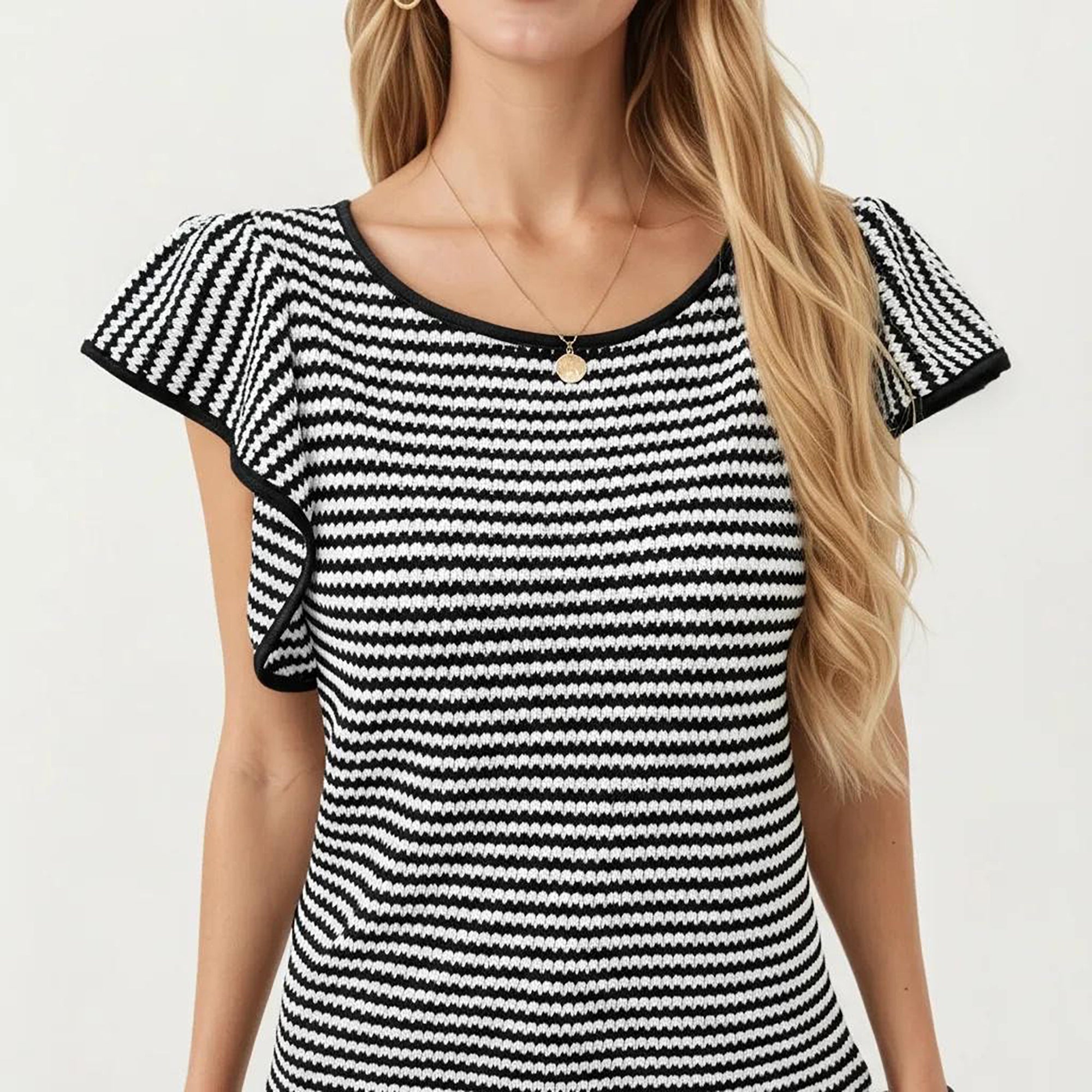 Anna-Kaci Women's Striped Short Sleeve Knit Top with Ruffle Sleeve Detail