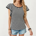 Anna-Kaci Women's Striped Short Sleeve Knit Top with Ruffle Sleeve Detail
