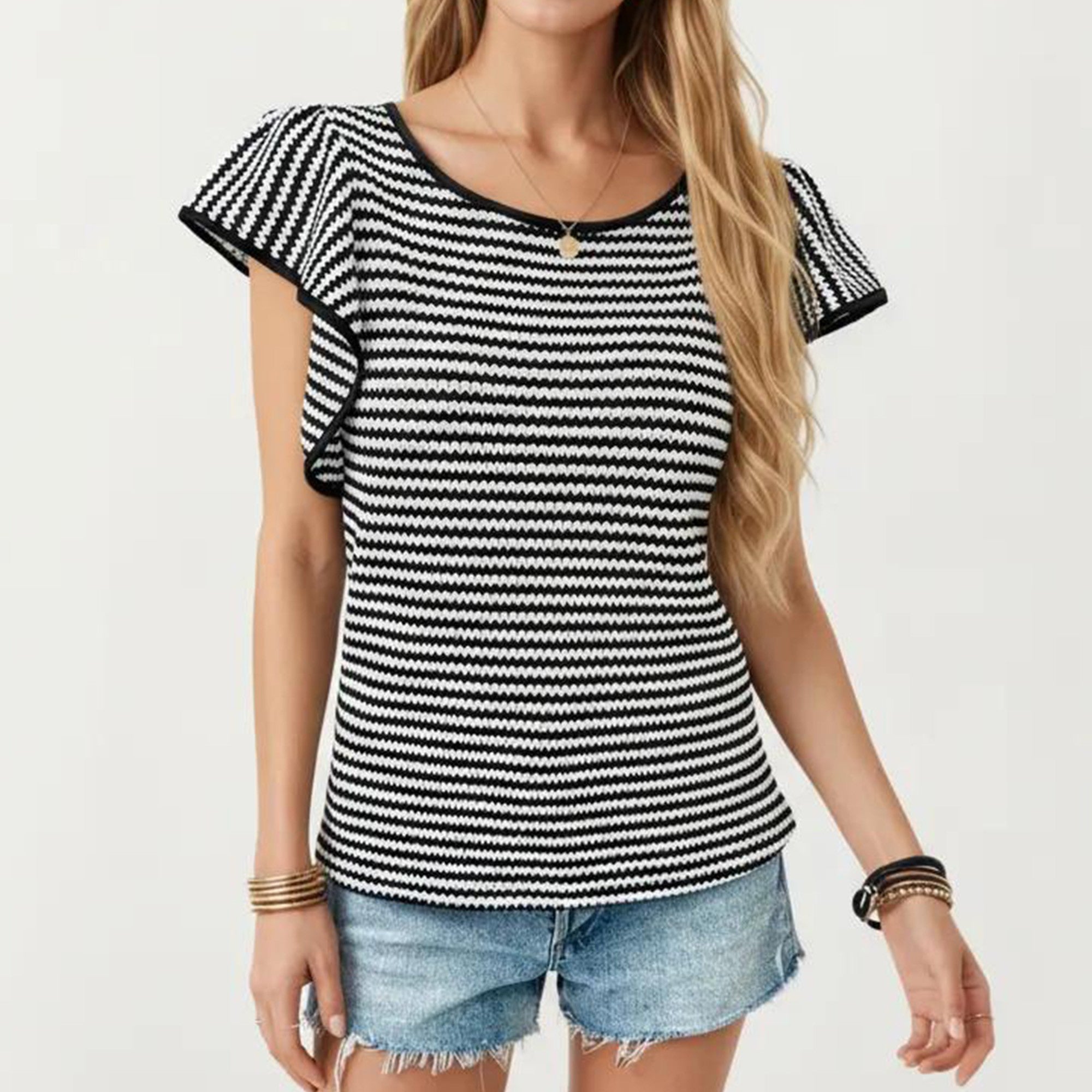 Anna-Kaci Women's Striped Short Sleeve Knit Top with Ruffle Sleeve Detail