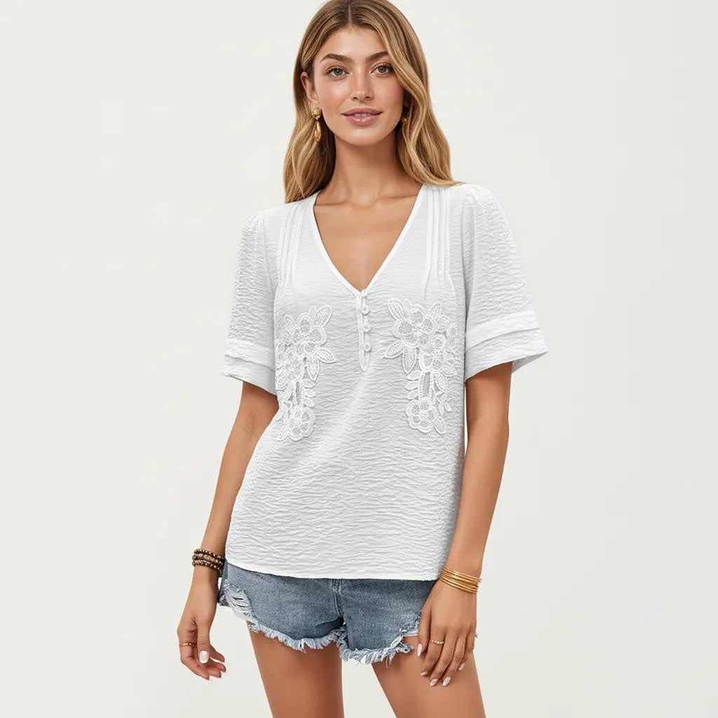 Anna-Kaci Women's Short Sleeve Textured Knit Top with Embroidered Floral Detail