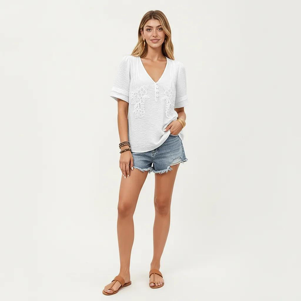 Anna-Kaci Women's Short Sleeve Textured Knit Top with Embroidered Floral Detail