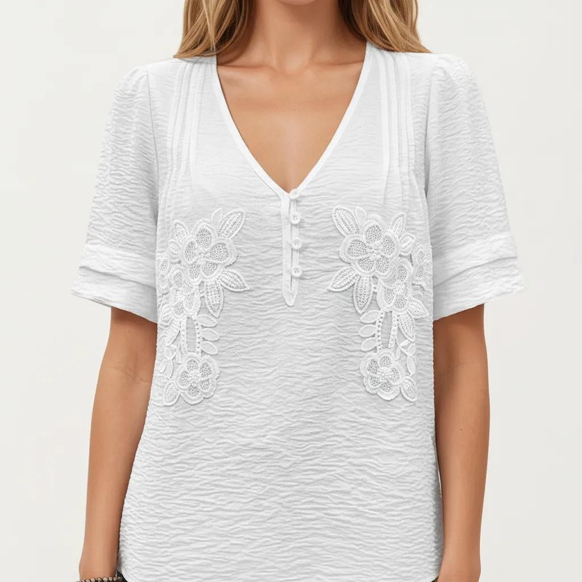 Anna-Kaci Women's Short Sleeve Textured Knit Top with Embroidered Floral Detail