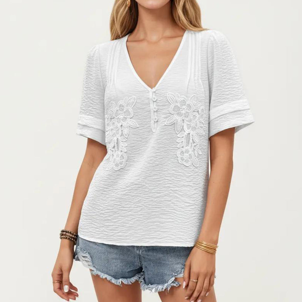 Anna-Kaci Women's Short Sleeve Textured Knit Top with Embroidered Floral Detail