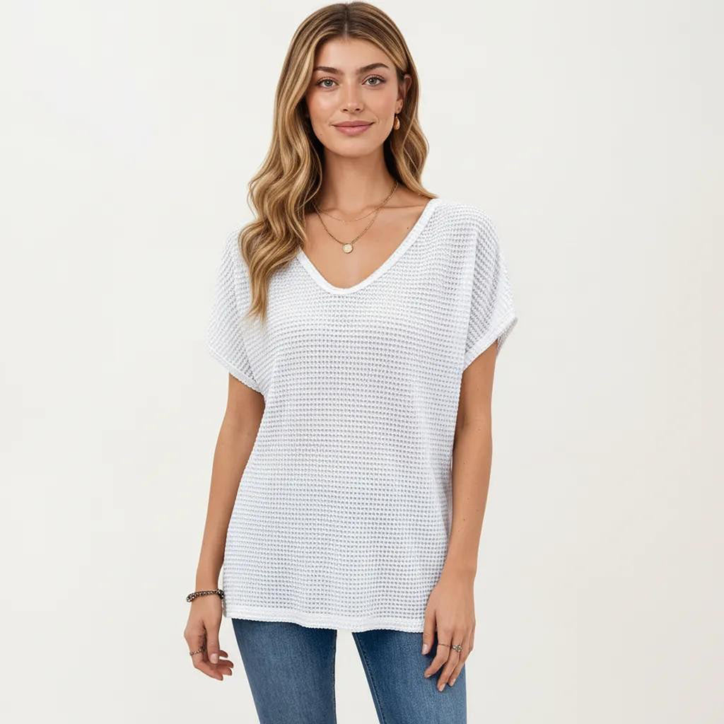 Anna-Kaci Women's Short Sleeve Waffle Knit V-Neck Relaxed Fit Top