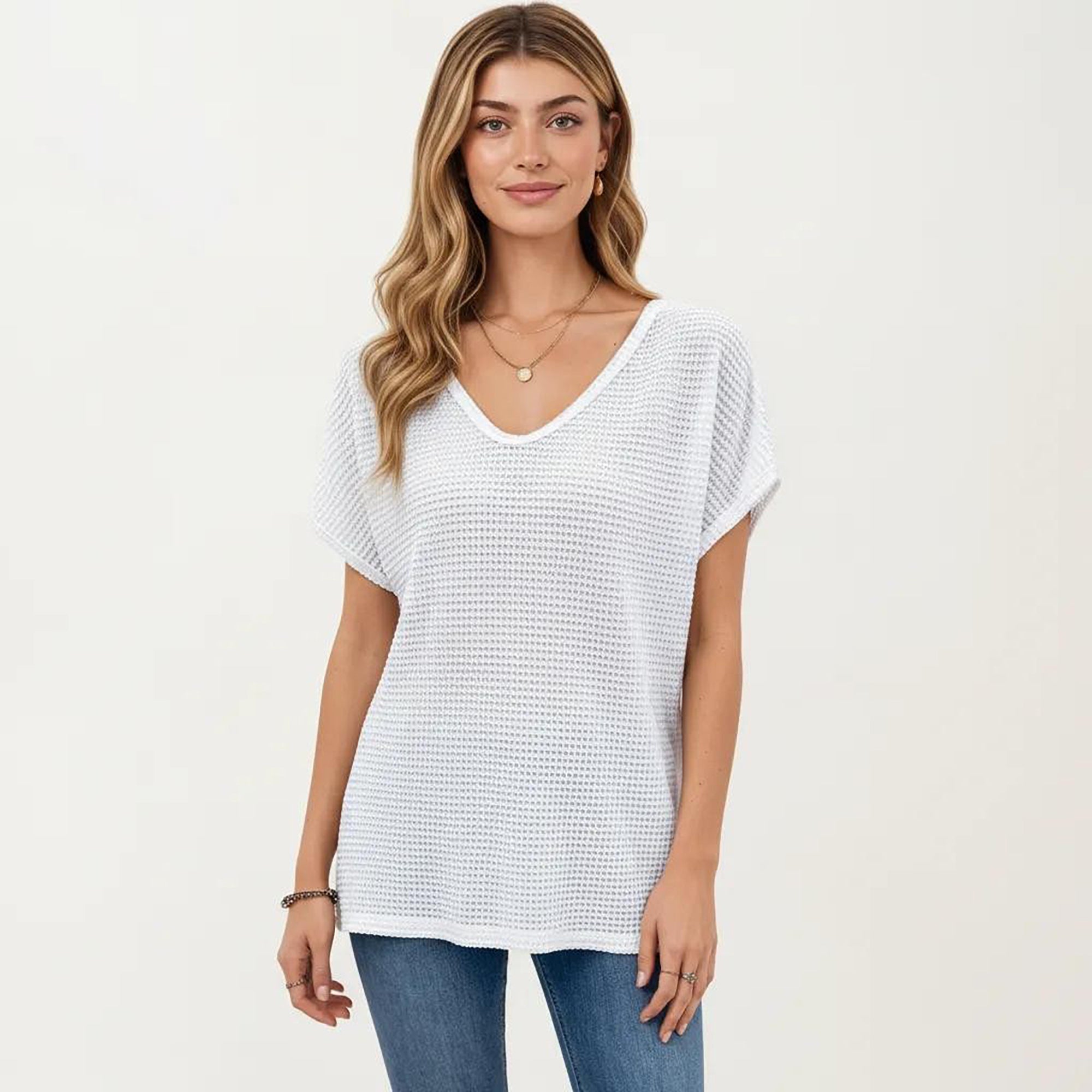 Anna-Kaci Women's Short Sleeve Waffle Knit V-Neck Relaxed Fit Top
