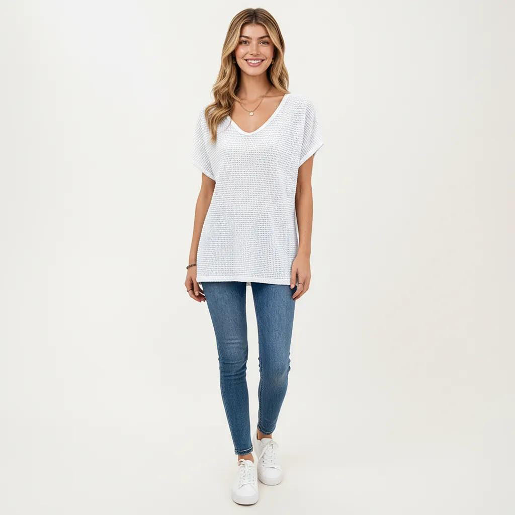 Anna-Kaci Women's Short Sleeve Waffle Knit V-Neck Relaxed Fit Top