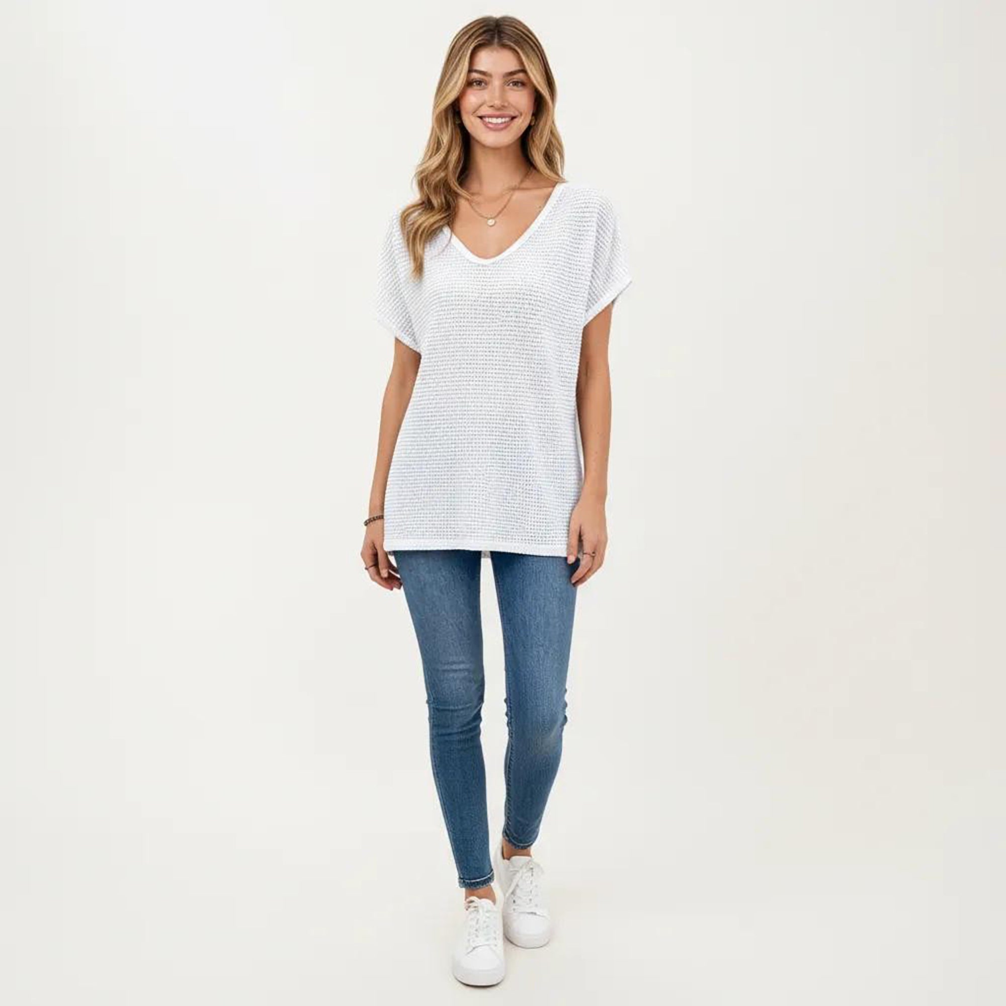 Anna-Kaci Women's Short Sleeve Waffle Knit V-Neck Relaxed Fit Top