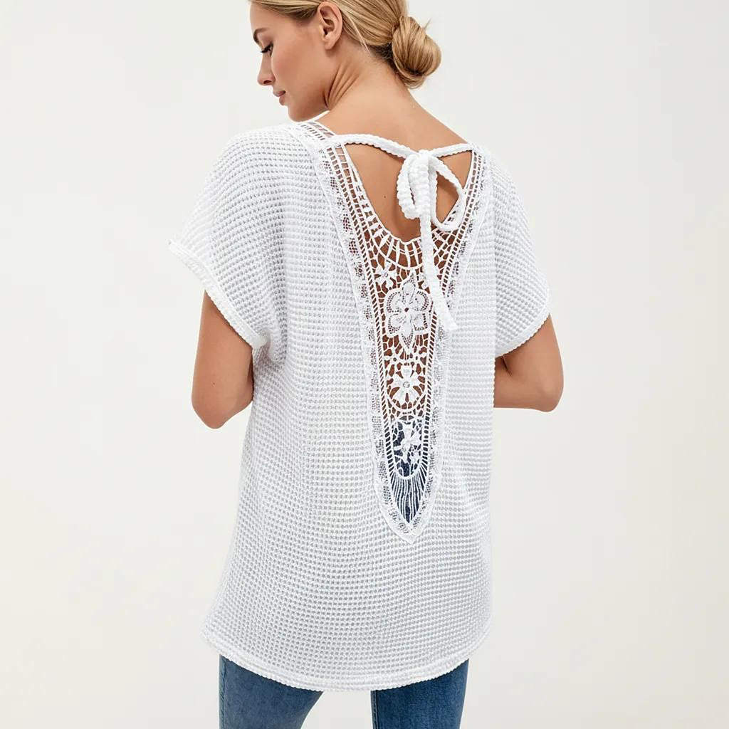 Anna-Kaci Women's Short Sleeve Waffle Knit V-Neck Relaxed Fit Top