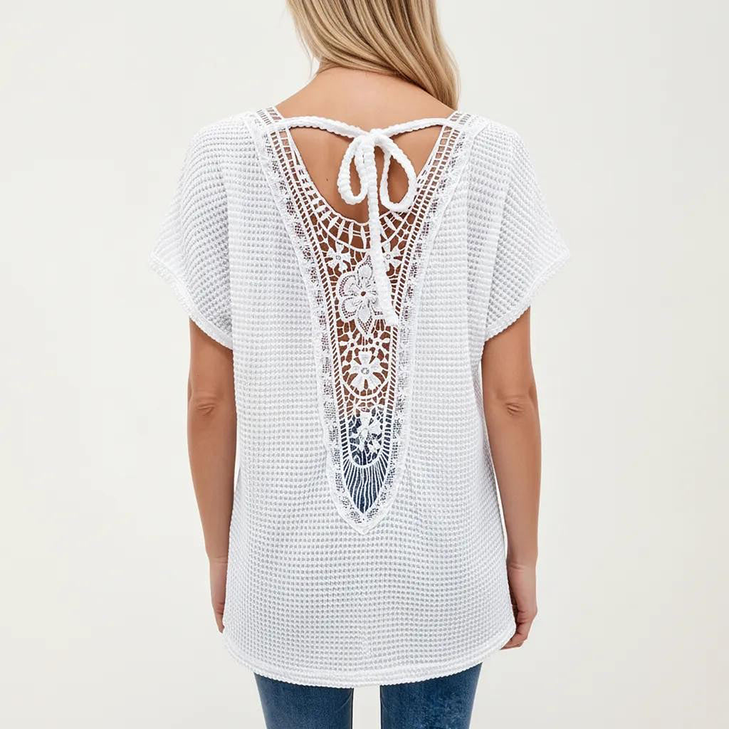 Anna-Kaci Women's Short Sleeve Waffle Knit V-Neck Relaxed Fit Top