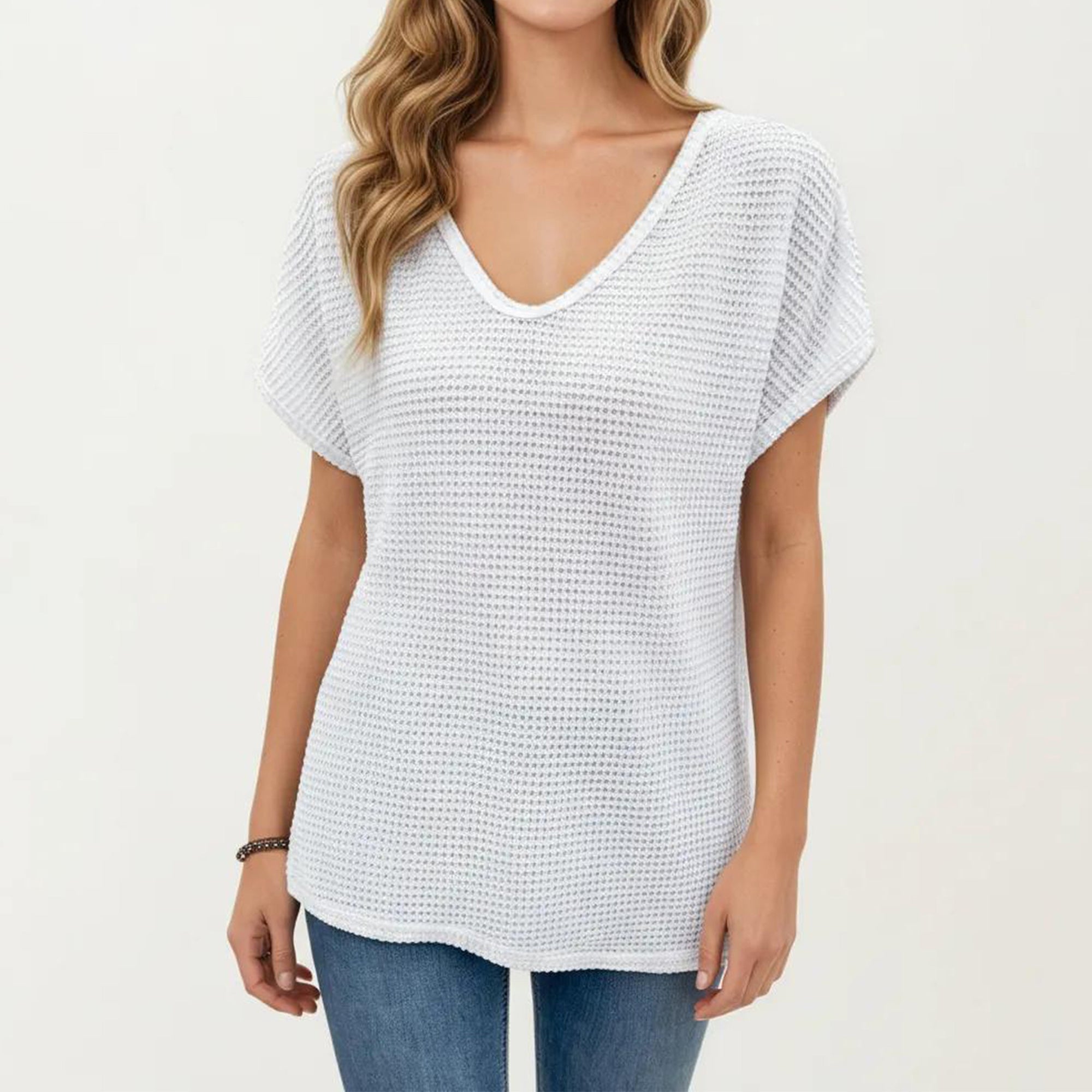Anna-Kaci Women's Short Sleeve Waffle Knit V-Neck Relaxed Fit Top