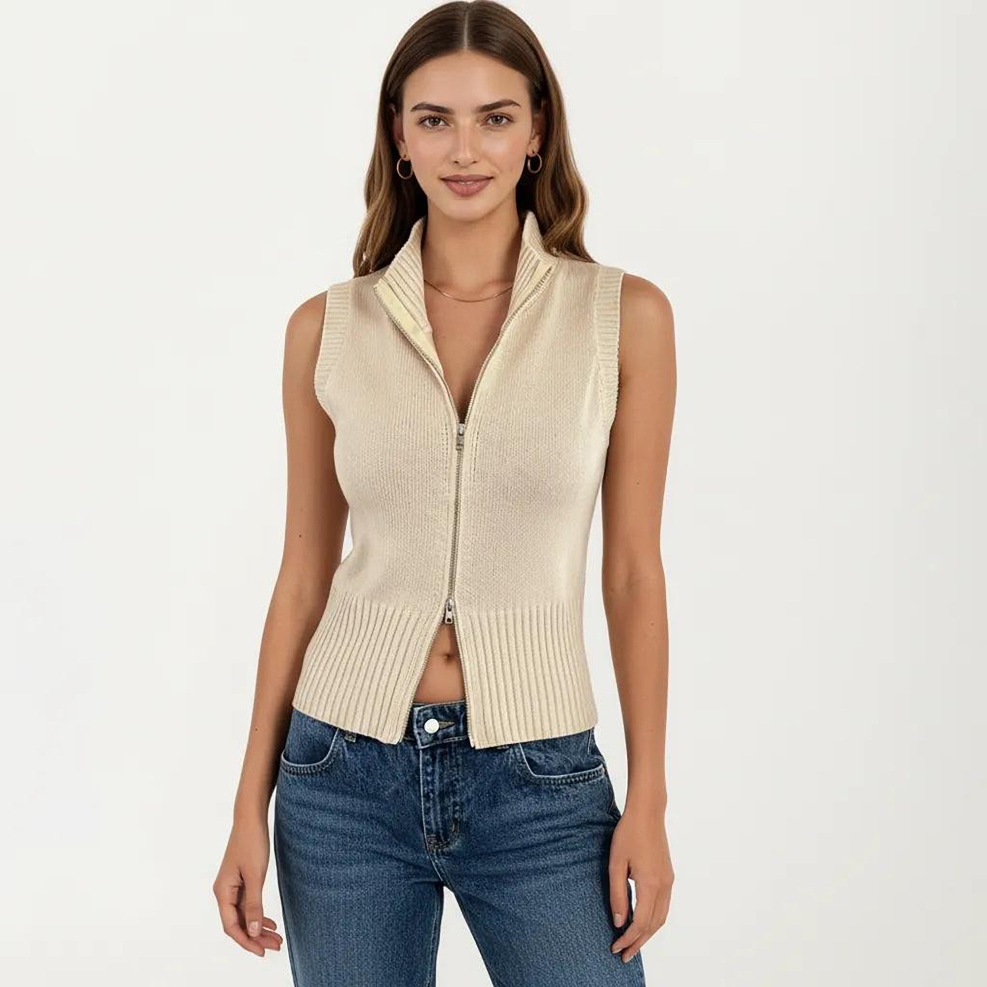 Anna-Kaci Women's Sleeveless Ribbed Knit Zip Front Collared Top
