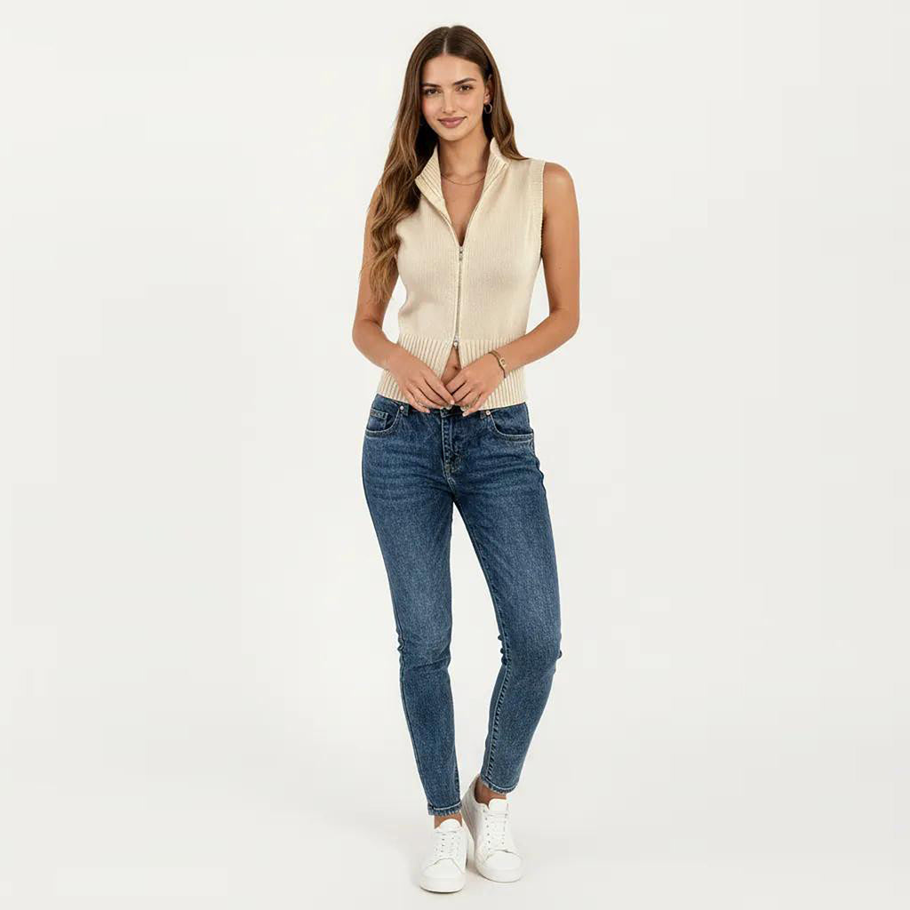 Anna-Kaci Women's Sleeveless Ribbed Knit Zip Front Collared Top
