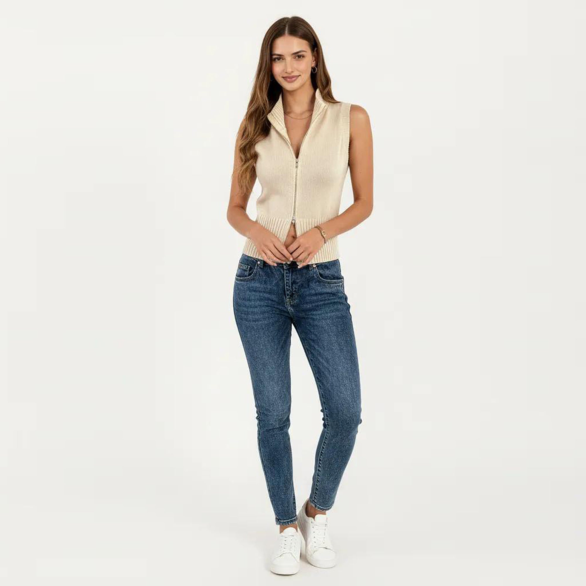 Anna-Kaci Women's Sleeveless Ribbed Knit Zip Front Collared Top