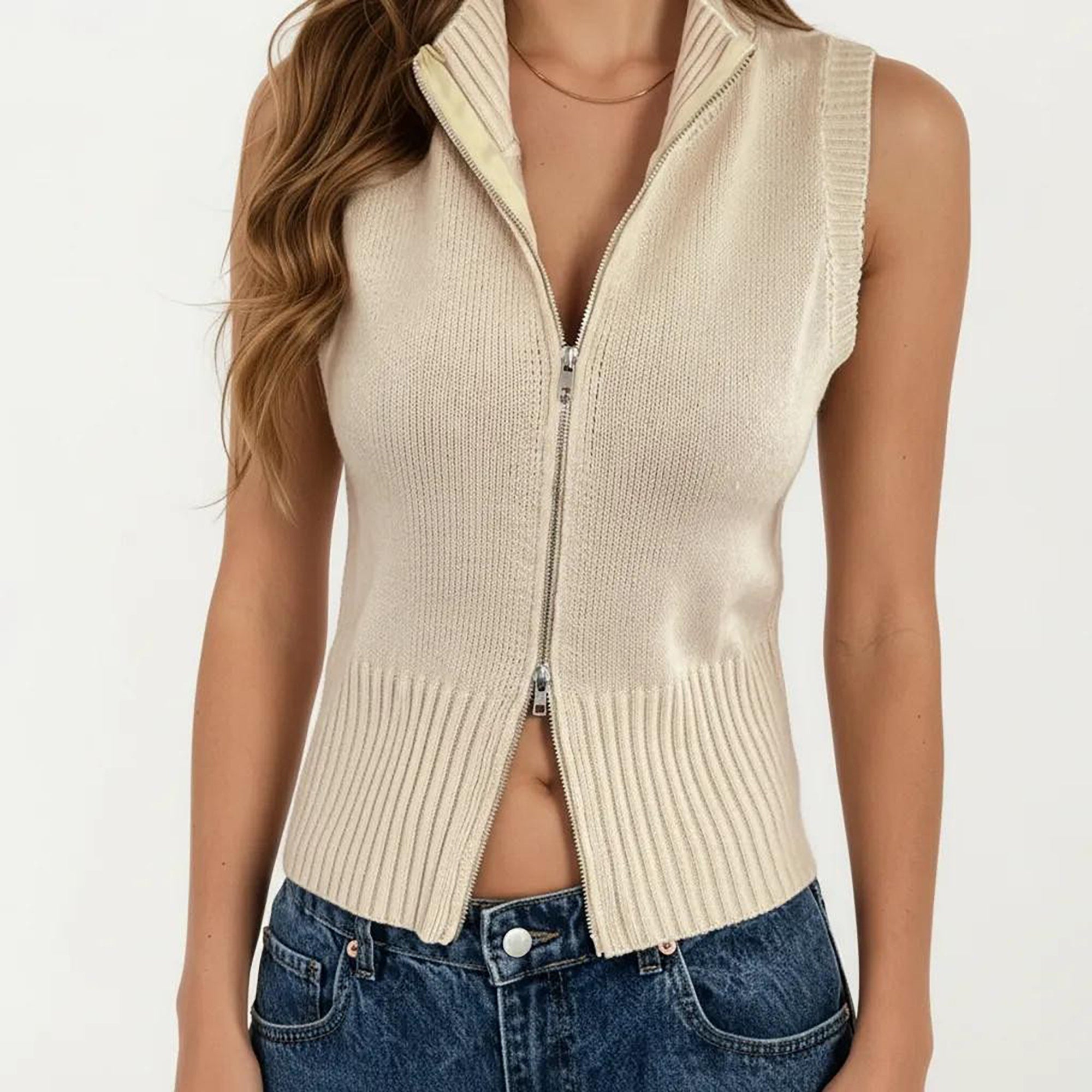 Anna-Kaci Women's Sleeveless Ribbed Knit Zip Front Collared Top