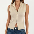 Anna-Kaci Women's Sleeveless Ribbed Knit Zip Front Collared Top