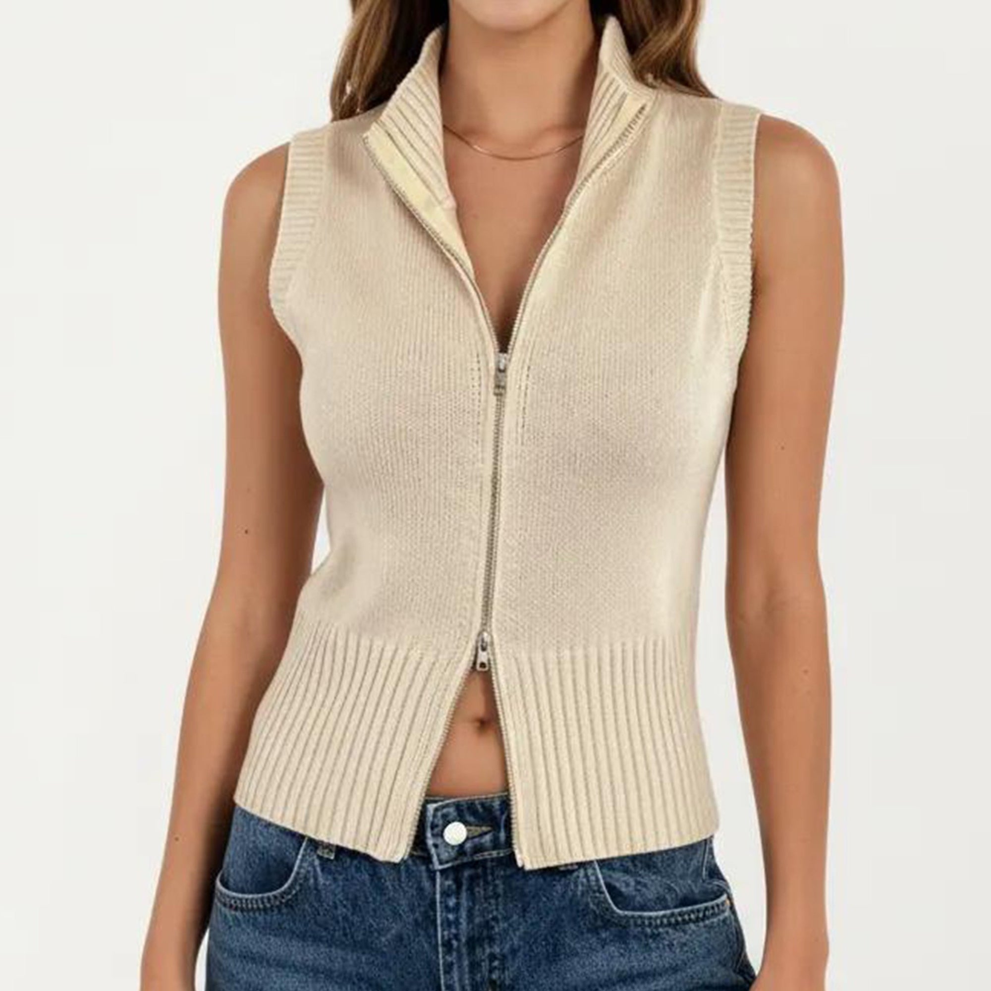 Anna-Kaci Women's Sleeveless Ribbed Knit Zip Front Collared Top