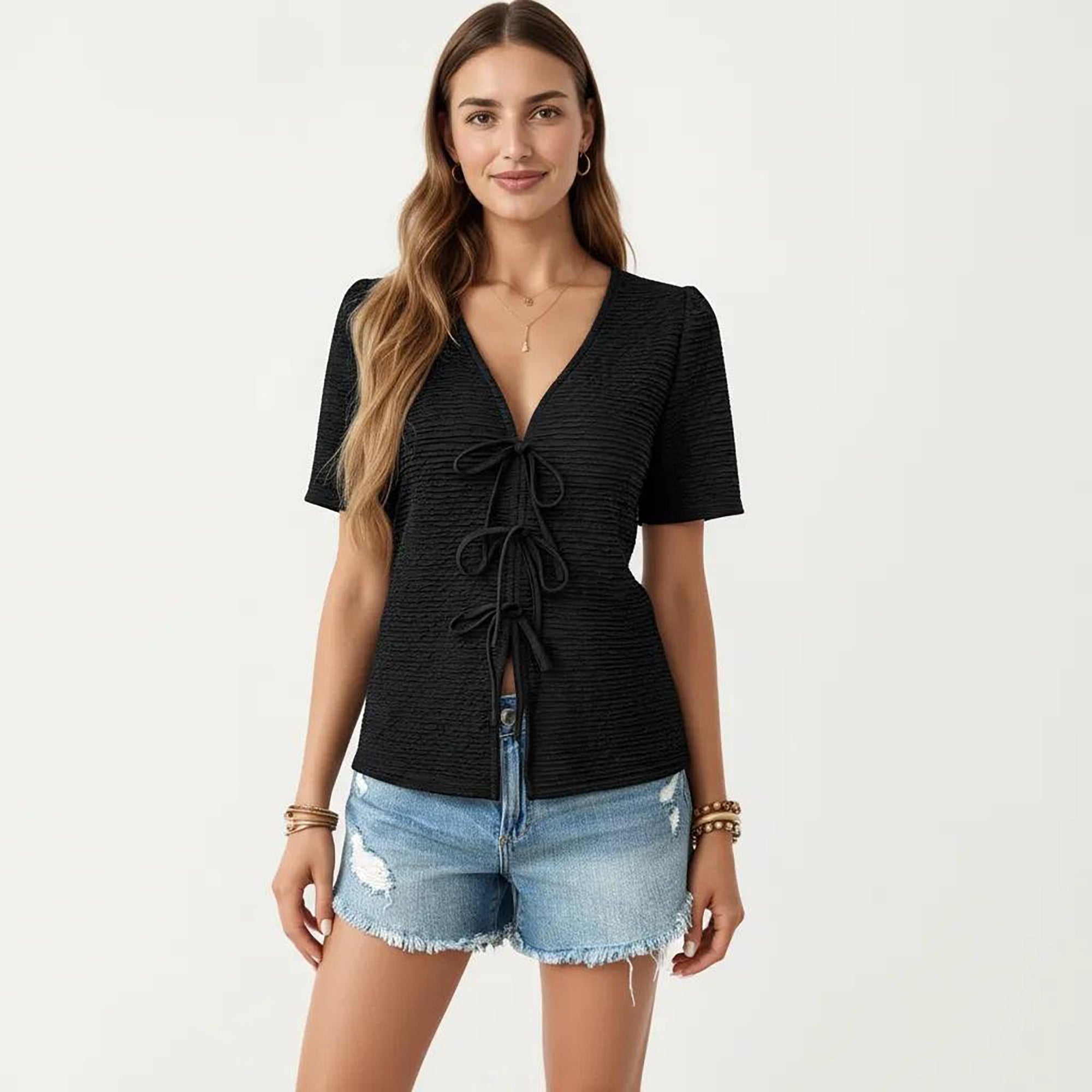 Anna-Kaci Women's Short Sleeve Textured Knit V-Neck Front Tie Top