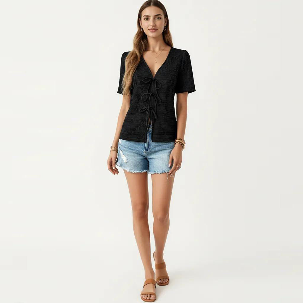 Anna-Kaci Women's Short Sleeve Textured Knit V-Neck Front Tie Top