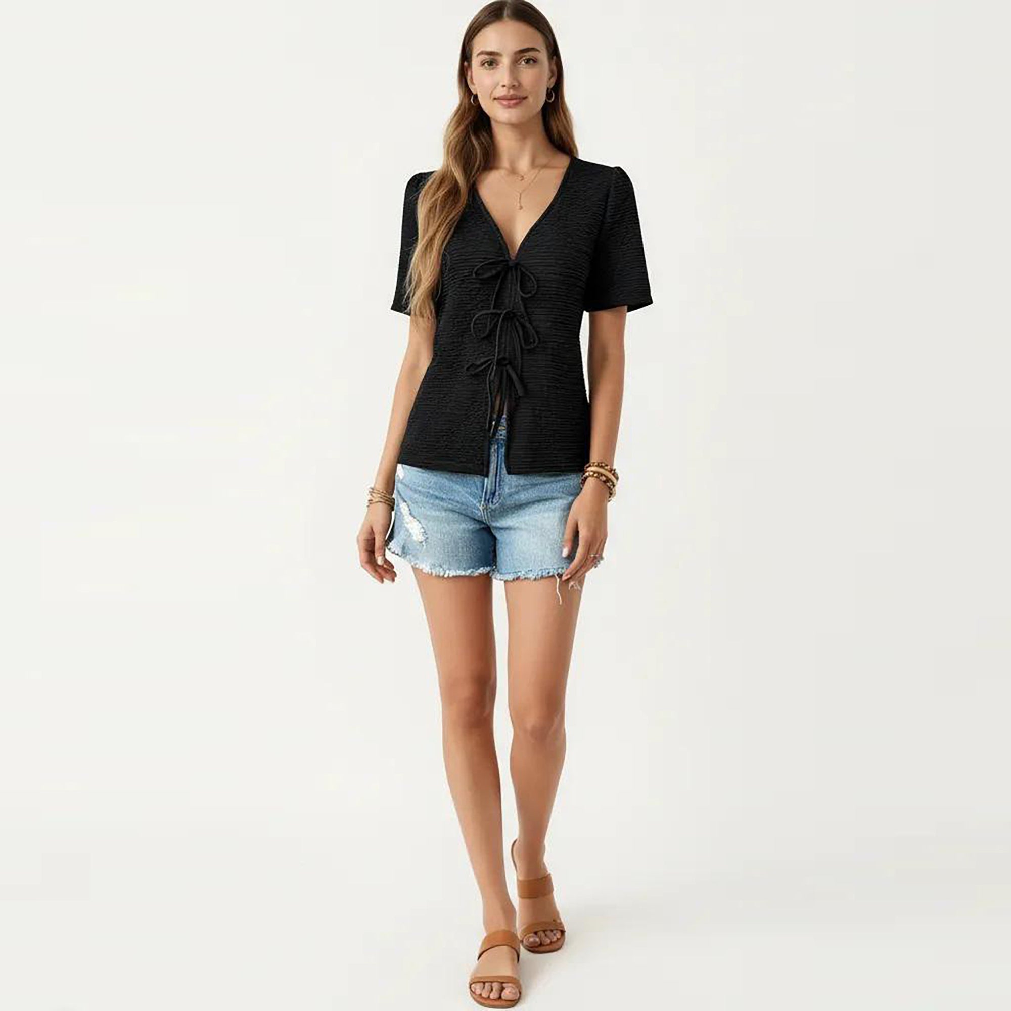 Anna-Kaci Women's Short Sleeve Textured Knit V-Neck Front Tie Top