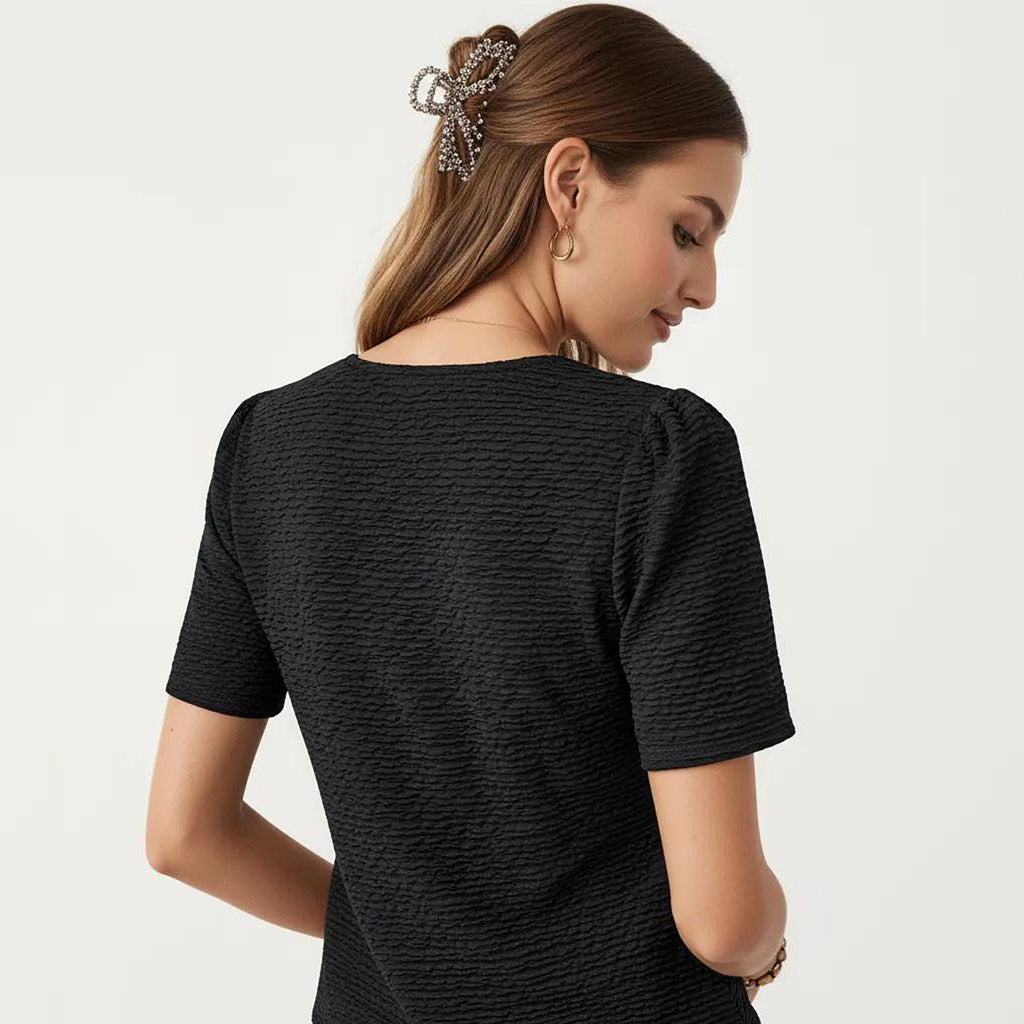 Anna-Kaci Women's Short Sleeve Textured Knit V-Neck Front Tie Top