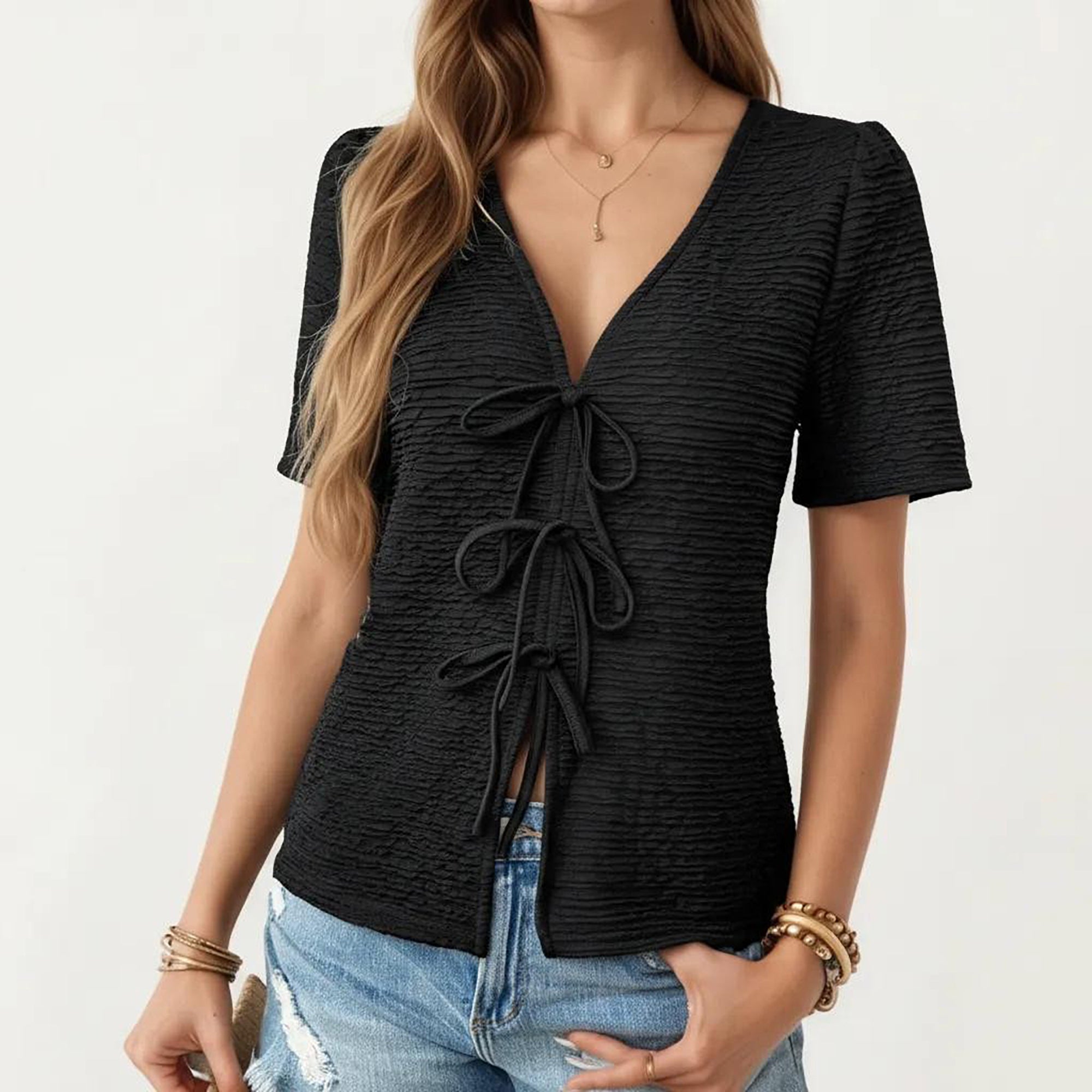 Anna-Kaci Women's Short Sleeve Textured Knit V-Neck Front Tie Top