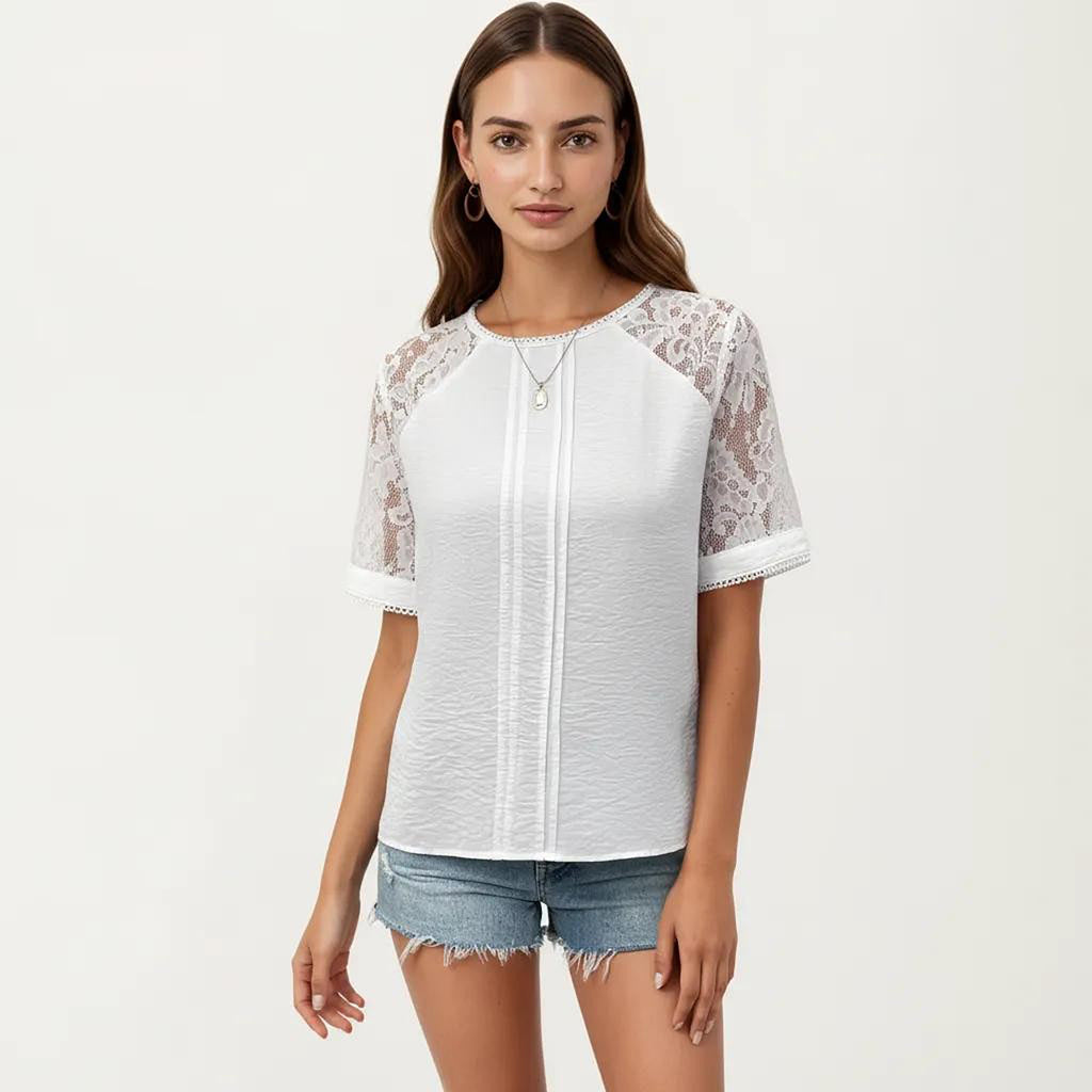 Anna-Kaci Women's Short Sleeve Textured Knit Top with Lace Raglan Sleeves and Vertical Seam Detail