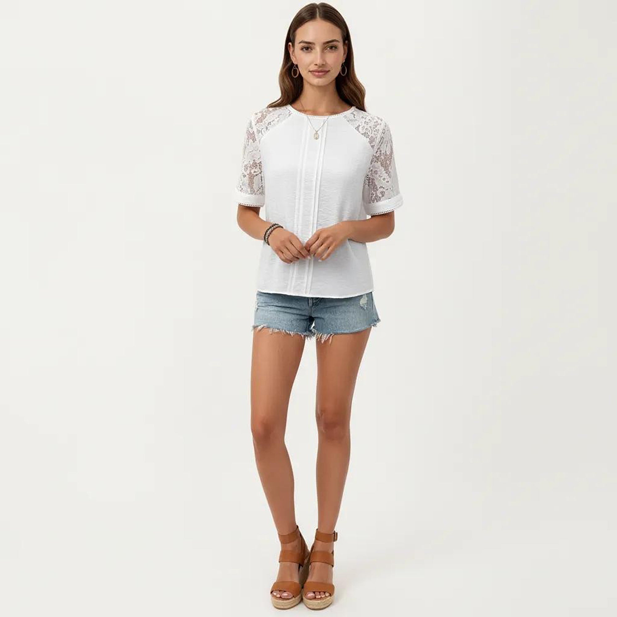 Anna-Kaci Women's Short Sleeve Textured Knit Top with Lace Raglan Sleeves and Vertical Seam Detail