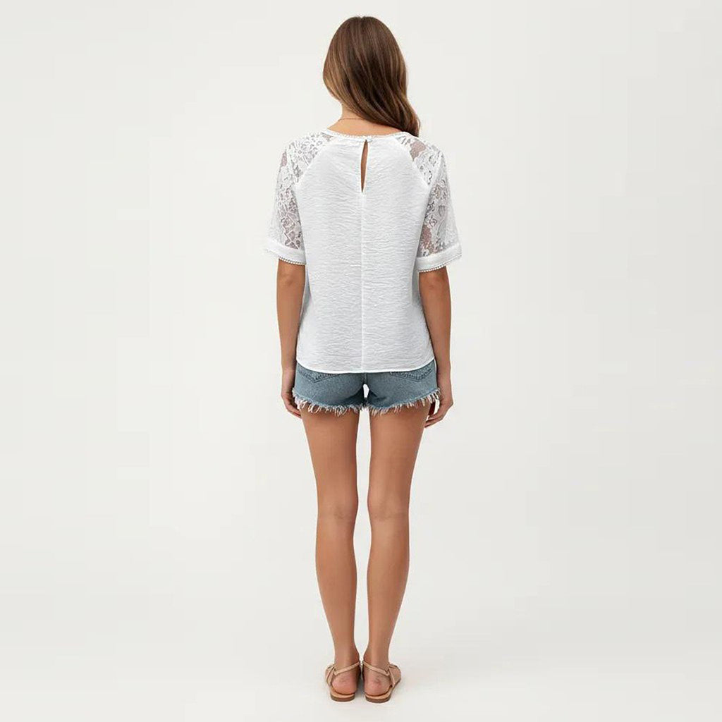 Anna-Kaci Women's Short Sleeve Textured Knit Top with Lace Raglan Sleeves and Vertical Seam Detail