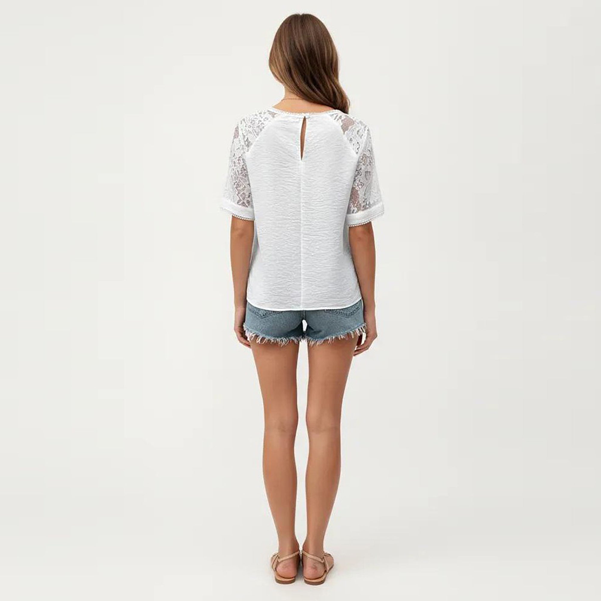 Anna-Kaci Women's Short Sleeve Textured Knit Top with Lace Raglan Sleeves and Vertical Seam Detail
