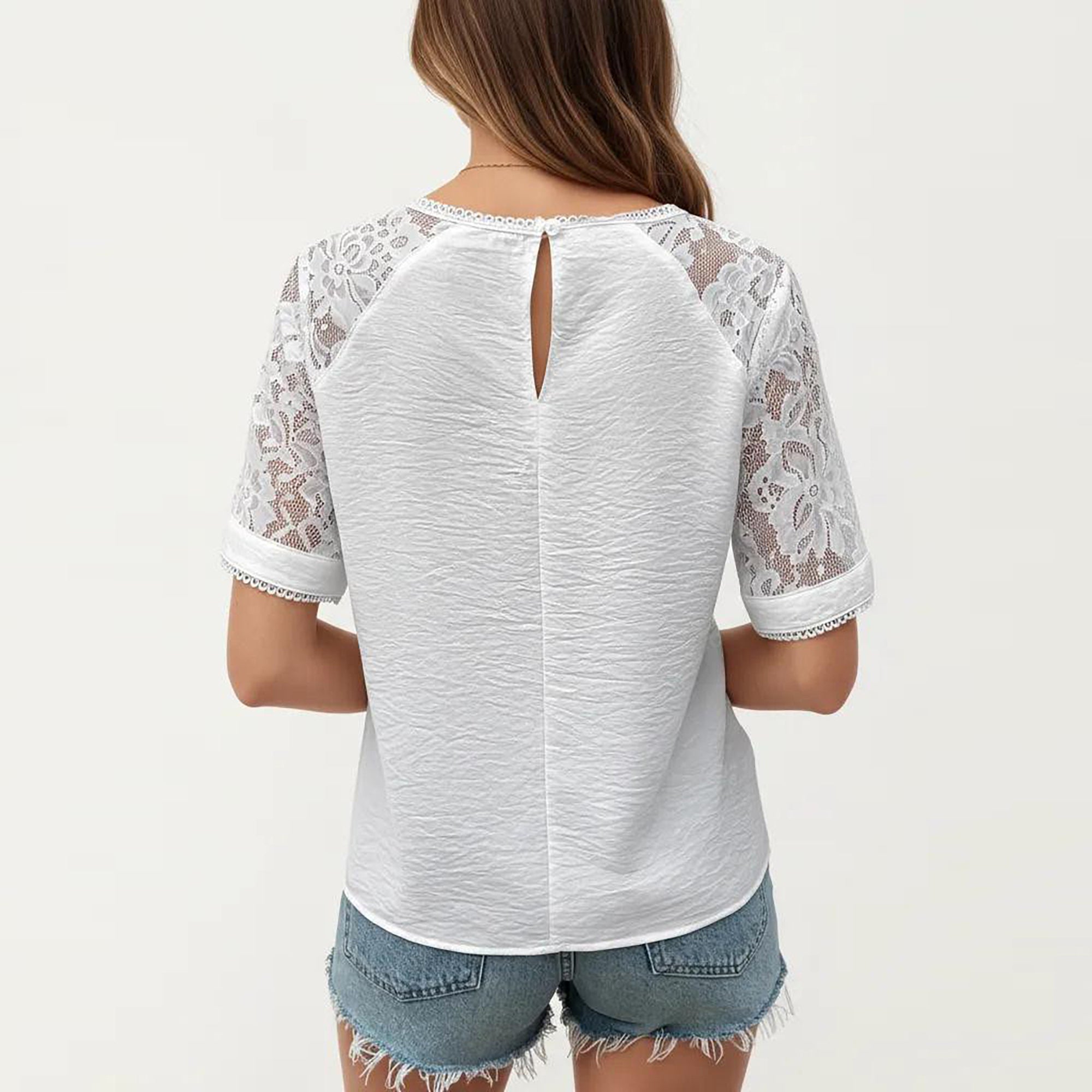Anna-Kaci Women's Short Sleeve Textured Knit Top with Lace Raglan Sleeves and Vertical Seam Detail
