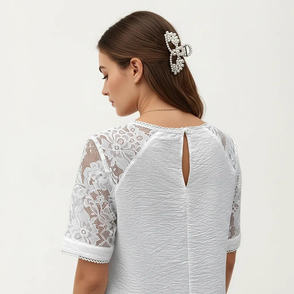 Anna-Kaci Women's Short Sleeve Textured Knit Top with Lace Raglan Sleeves and Vertical Seam Detail
