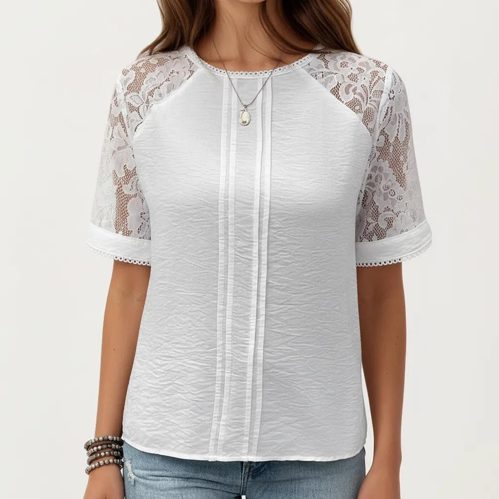 Anna-Kaci Women's Short Sleeve Textured Knit Top with Lace Raglan Sleeves and Vertical Seam Detail