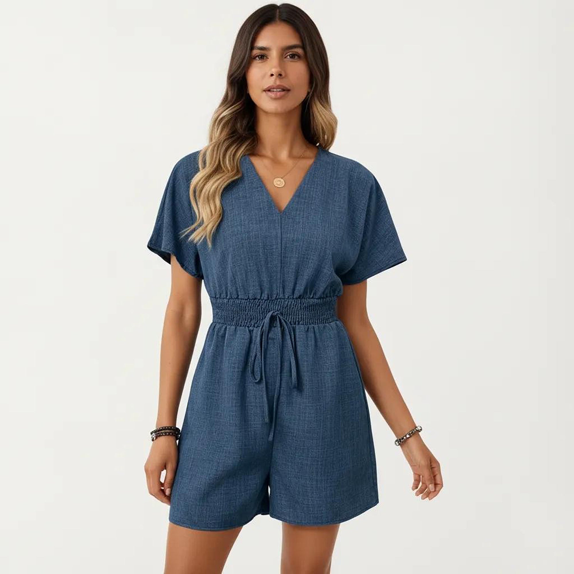 Anna-Kaci Women's Short Sleeve V Neck Romper with Smocked Waist and Adjustable Drawstring