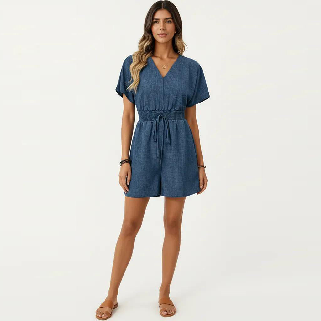 Anna-Kaci Women's Short Sleeve V Neck Romper with Smocked Waist and Adjustable Drawstring