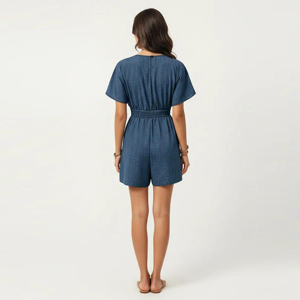 Anna-Kaci Women's Short Sleeve V Neck Romper with Smocked Waist and Adjustable Drawstring