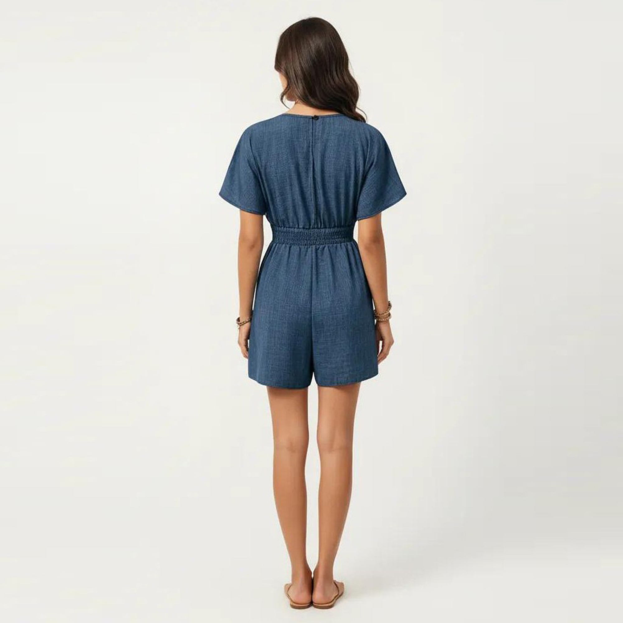 Anna-Kaci Women's Short Sleeve V Neck Romper with Smocked Waist and Adjustable Drawstring