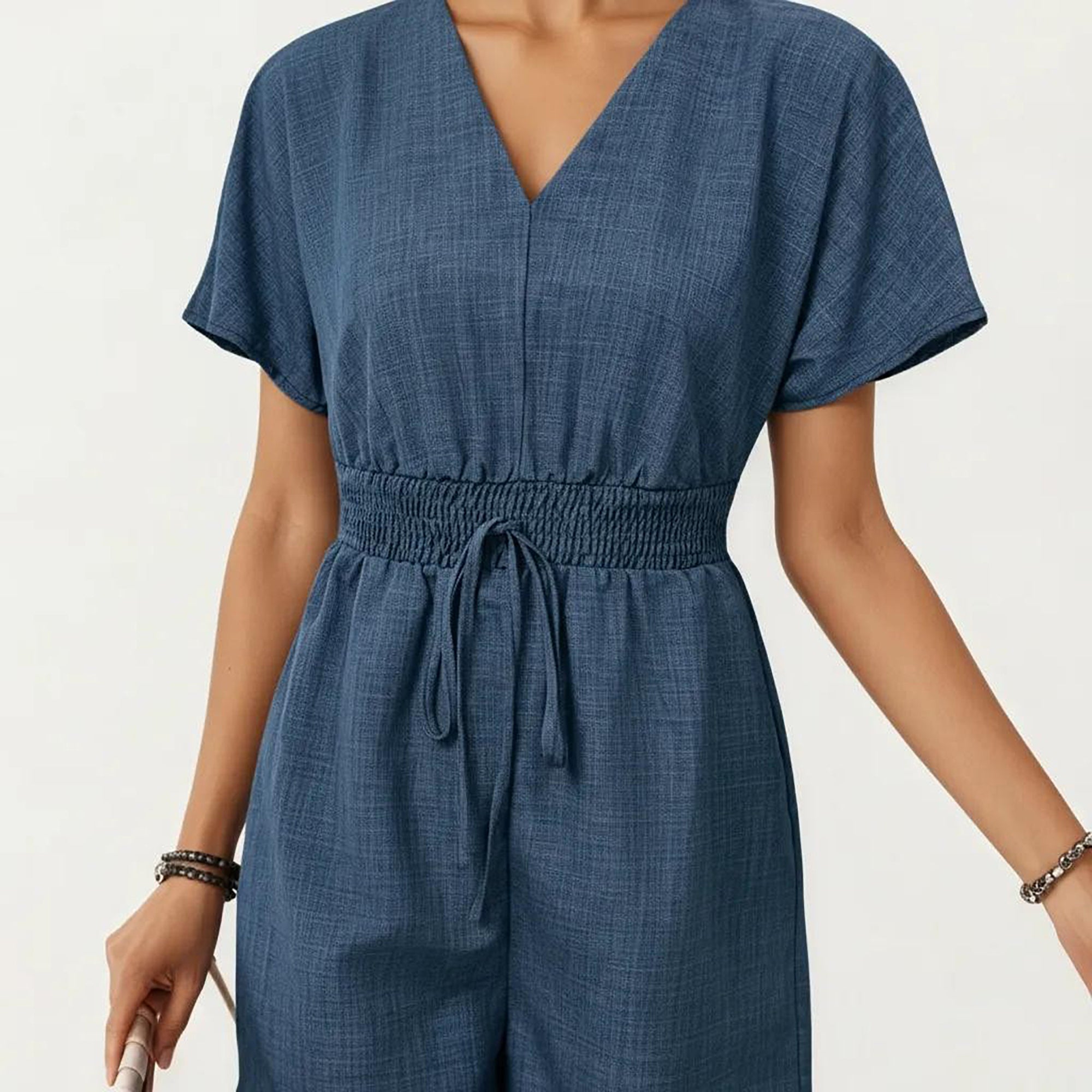 Anna-Kaci Women's Short Sleeve V Neck Romper with Smocked Waist and Adjustable Drawstring