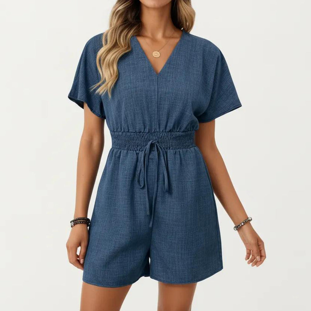 Anna-Kaci Women's Short Sleeve V Neck Romper with Smocked Waist and Adjustable Drawstring