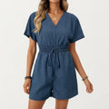 Anna-Kaci Women's Short Sleeve V Neck Romper with Smocked Waist and Adjustable Drawstring