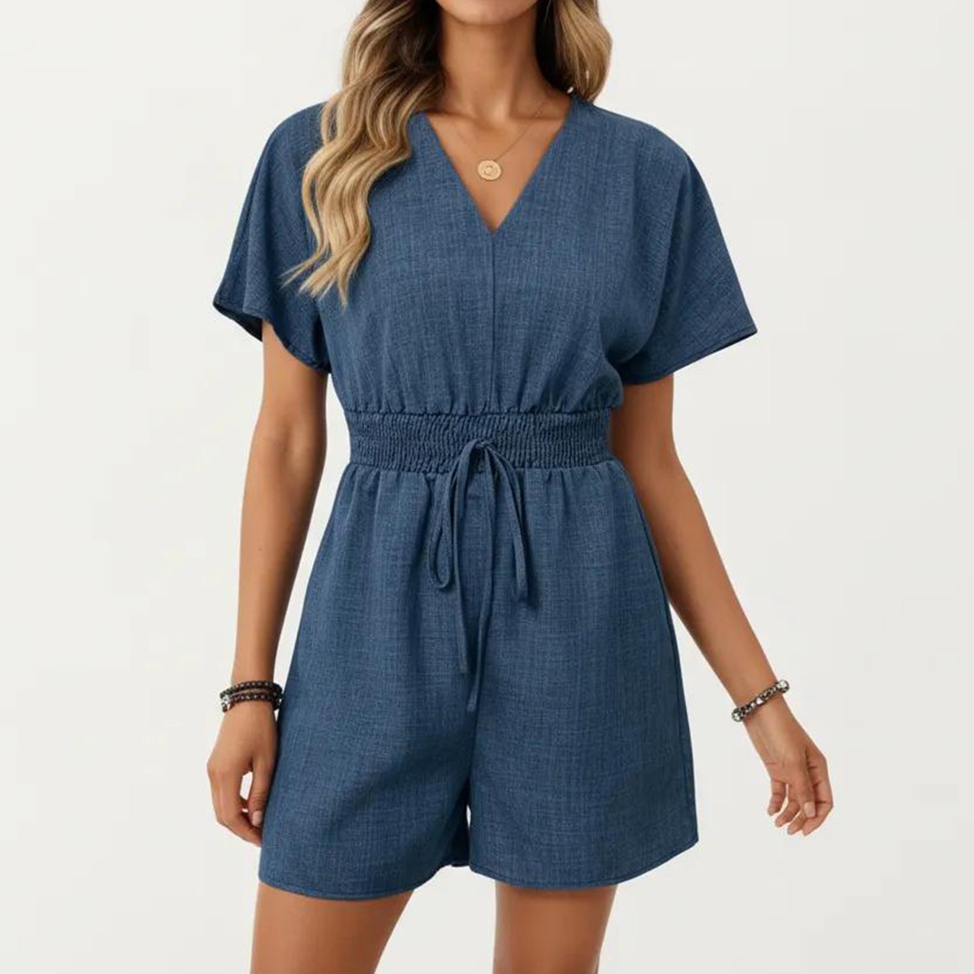Anna-Kaci Women's Short Sleeve V Neck Romper with Smocked Waist and Adjustable Drawstring