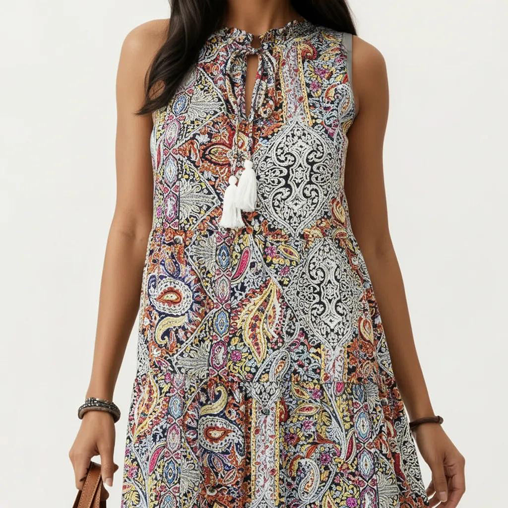 Anna-Kaci Women's Sleeveless Maxi Dress with Mixed Print Design and Tie Neck Detail