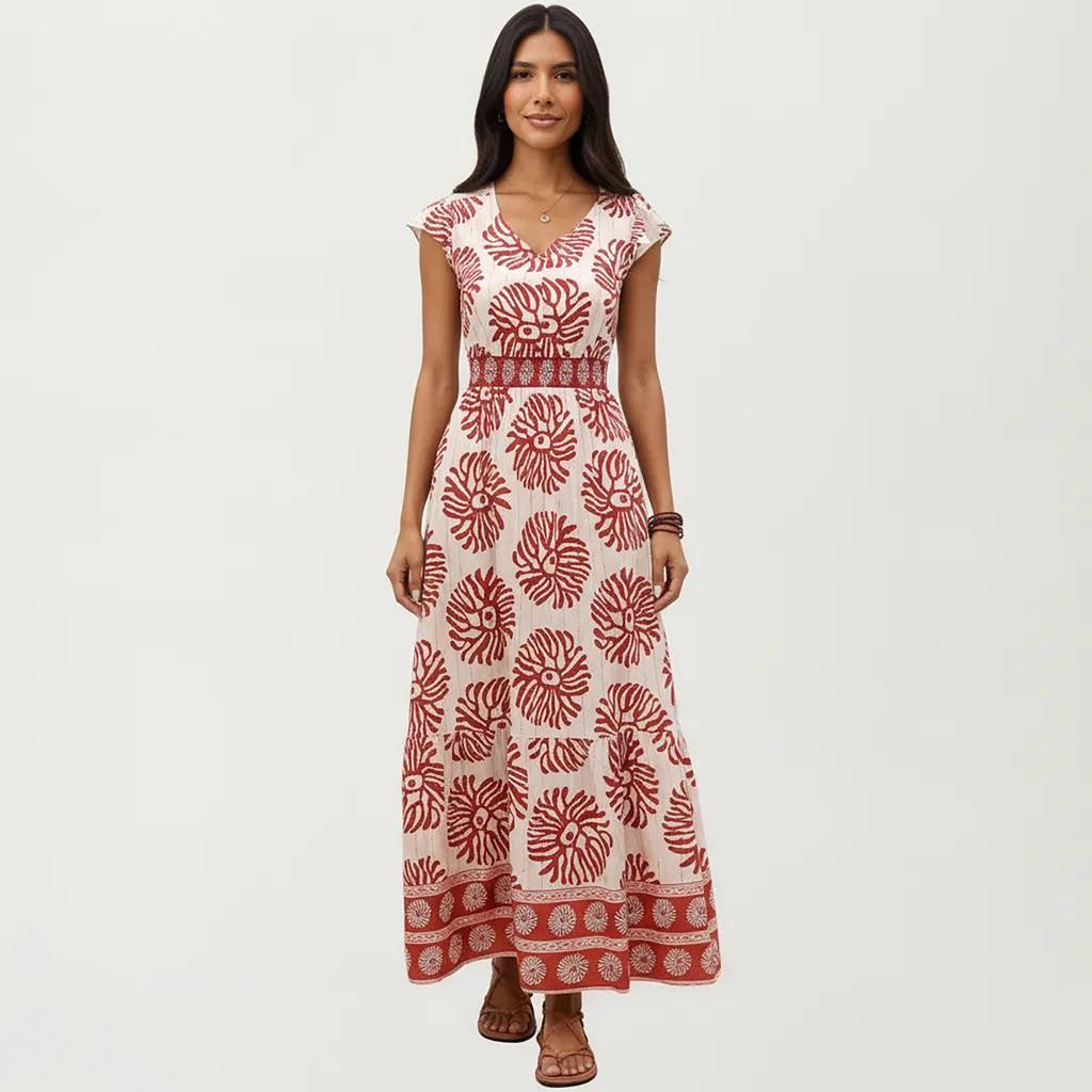 Anna-Kaci Women's Cap Sleeve Maxi Dress with V Neckline and Smocked Waist Detail