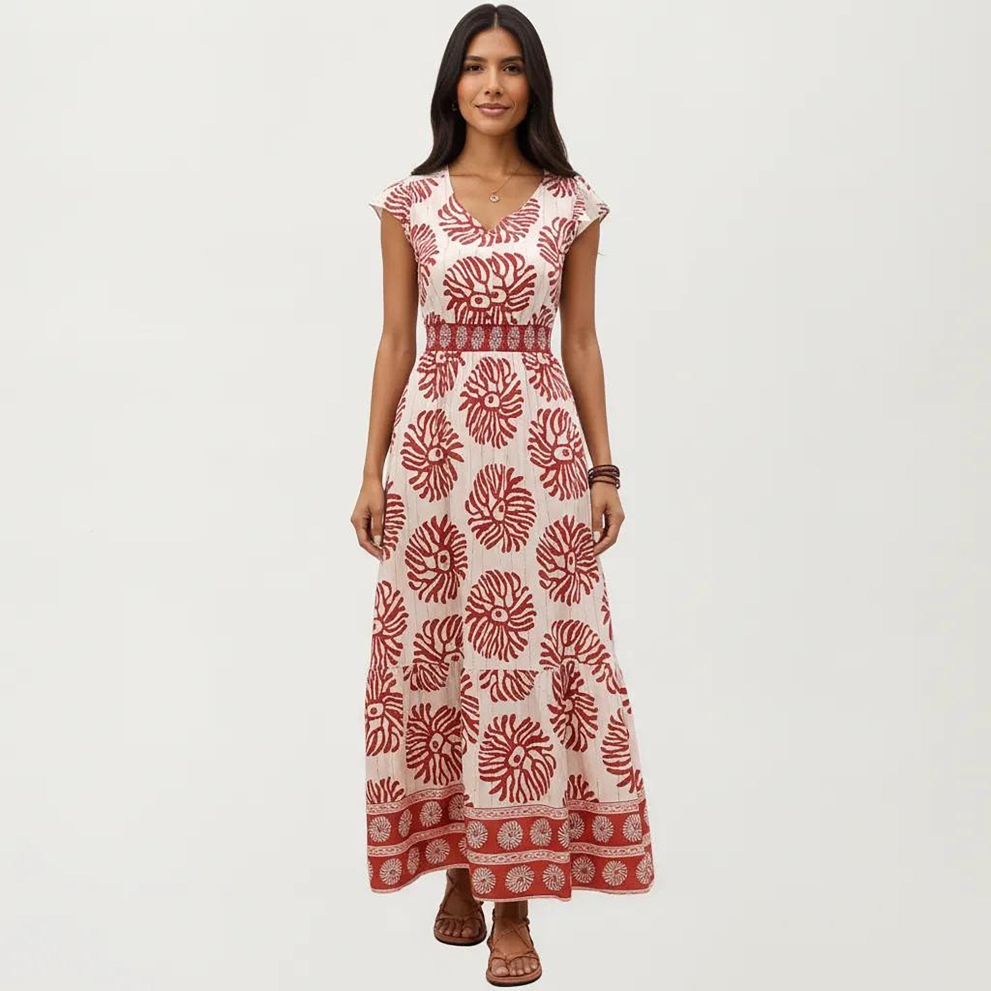 Anna-Kaci Women's Cap Sleeve Maxi Dress with V Neckline and Smocked Waist Detail