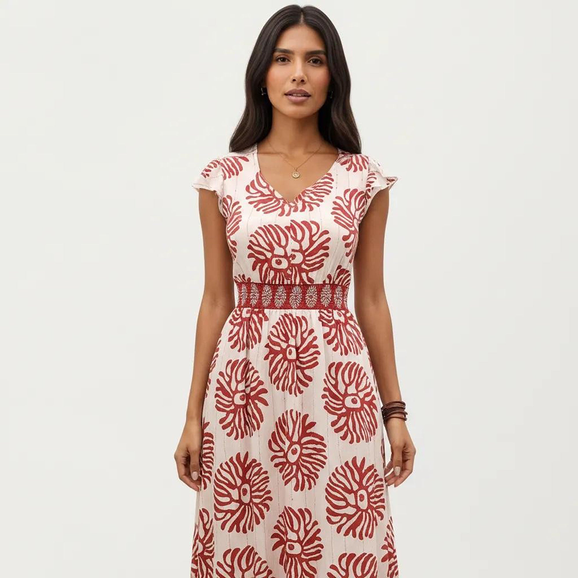 Anna-Kaci Women's Cap Sleeve Maxi Dress with V Neckline and Smocked Waist Detail
