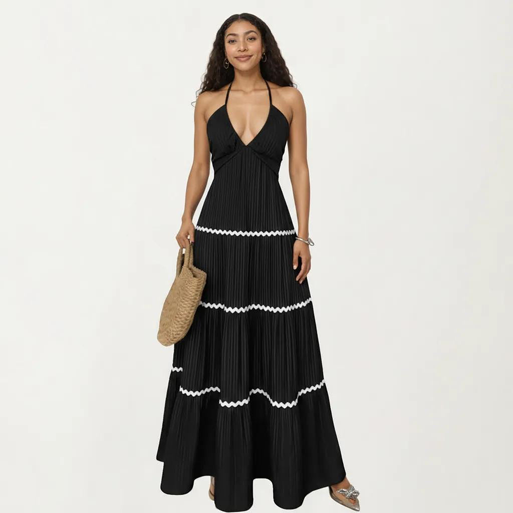 Anna-Kaci Women's Halter Neck Maxi Dress with Pleated Skirt and Tiered Trim Detail